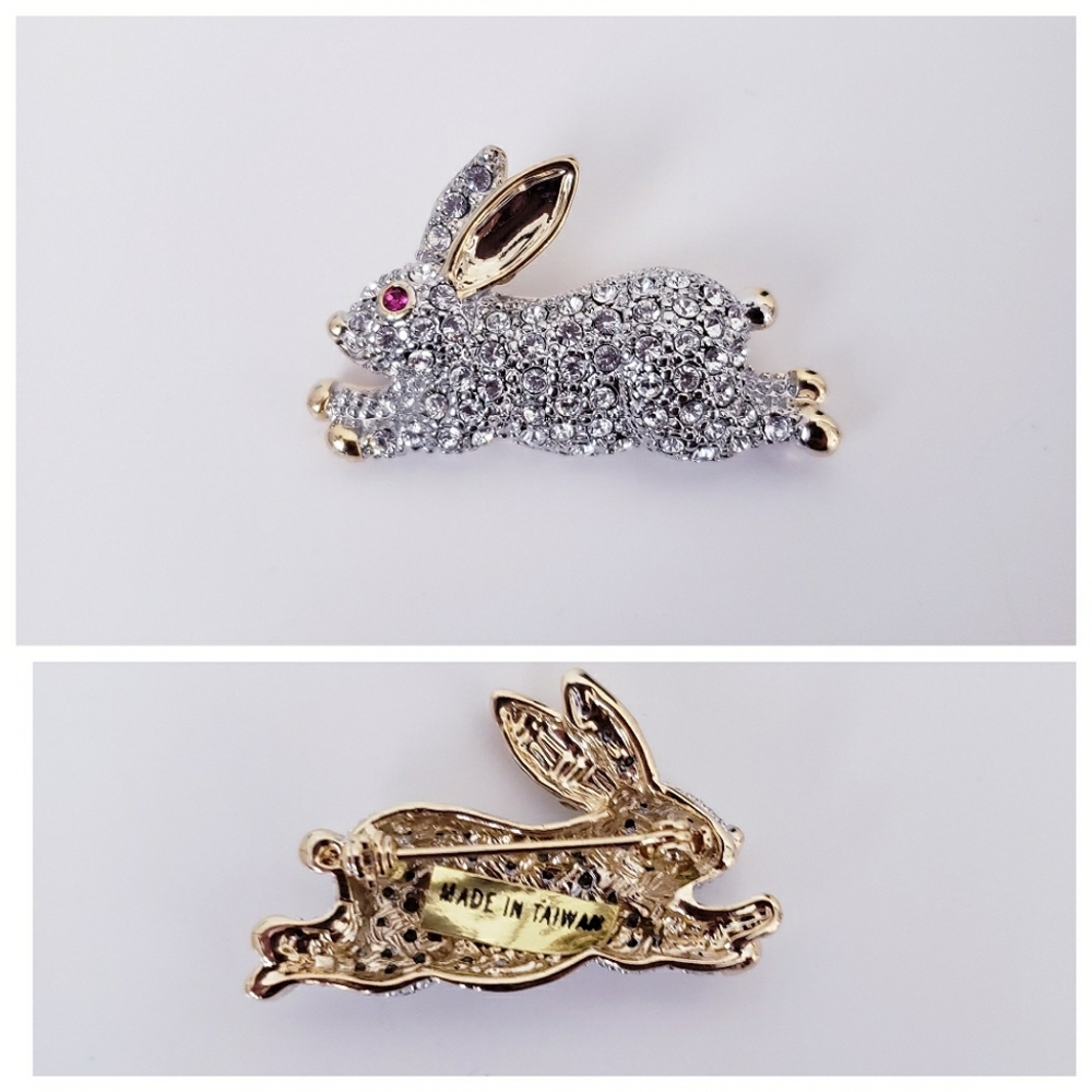 Gold Tone Rhinestone Running Rabbit Brooch